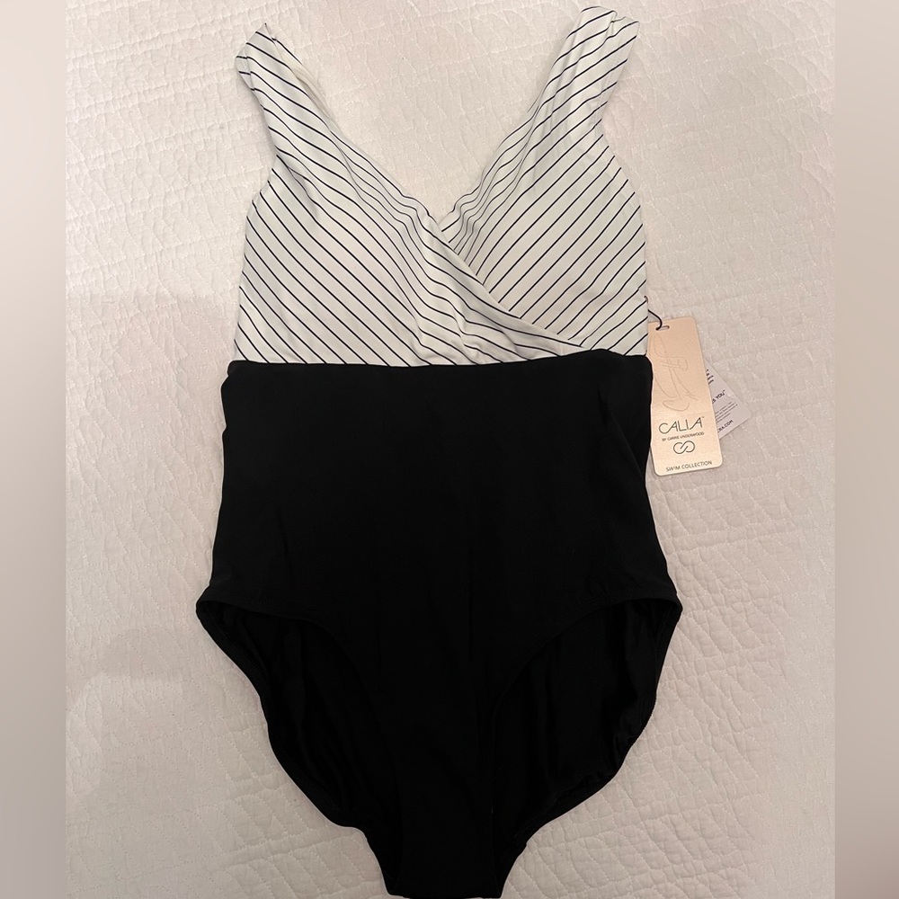 CALIA by Carrie Underwood black and white stripe cross back one piece size 6